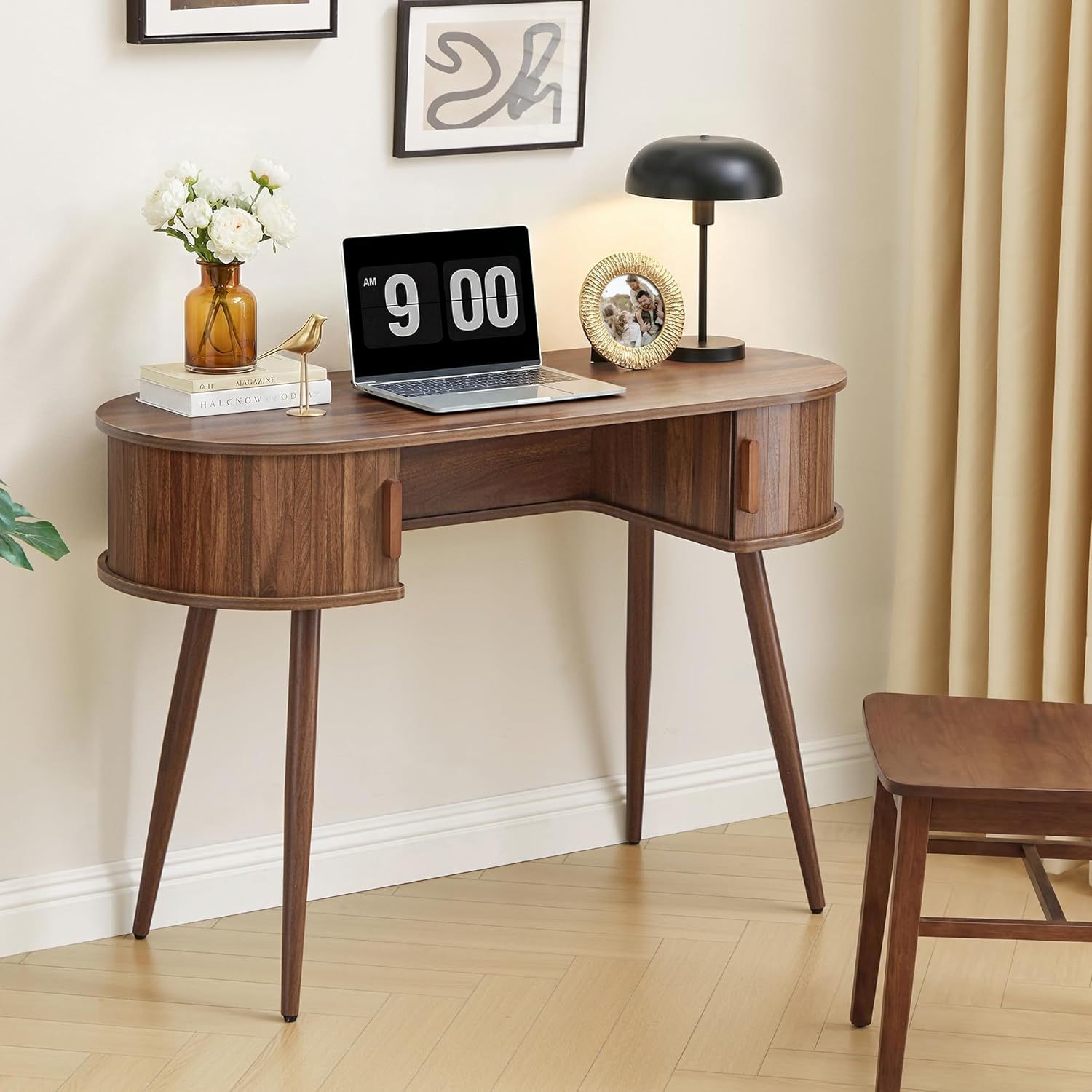 AVZEAR 43" Oval Fluted Home Office Desk, Small Computer Desk Mid Century Modern Vanity Table with Sliding Tambour Door, Wooden Writing Study Desk for Small Spaces, Bedroom, Office(Wlanut)