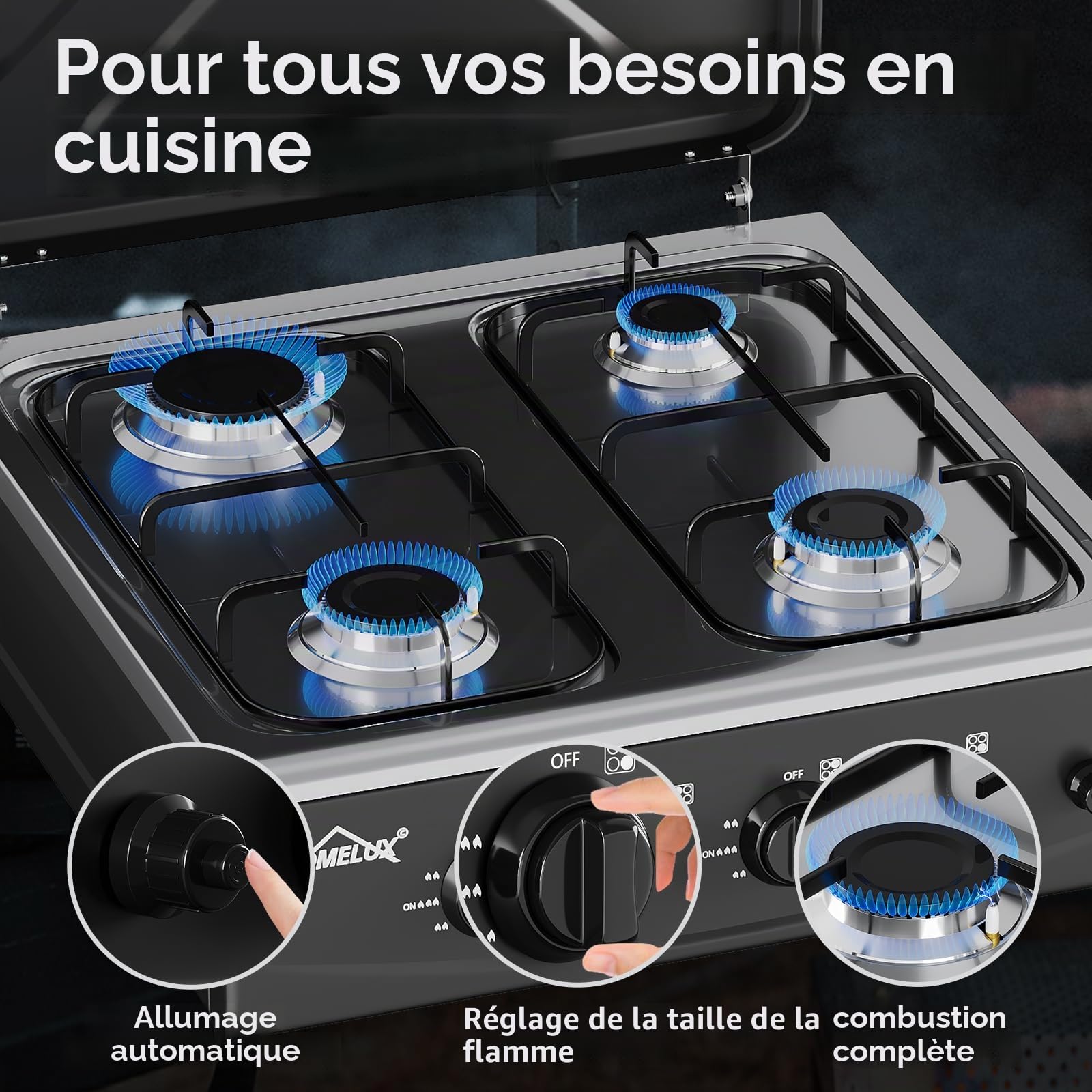 HOMELUX Réchaud de camping, 4 brûleurs à gaz | Plaque de cuisson à gaz de 6,2 kW avec tuyau de raccordement de 1,5 m et réducteur de pression 50 mbar