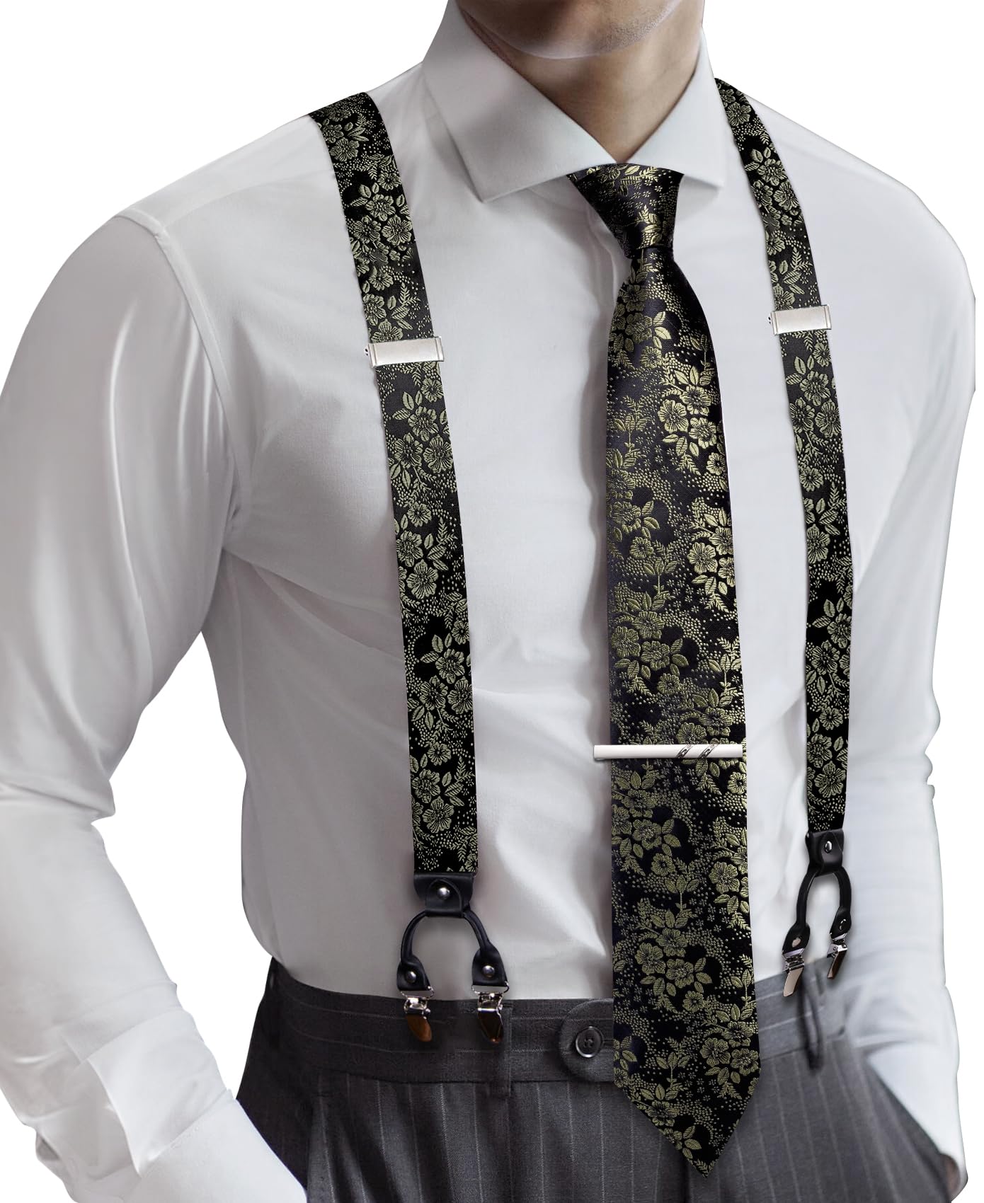 Barry.Wang Men Suspender Tie Sets Elastic Heavy 6 Clips Hanky Cufflink 5PCS | Classic Suspender Set for Man Necktie Y Type Adjustable Heavy Duty 6 Clips Braces Pocket Square Cufflinks Party
