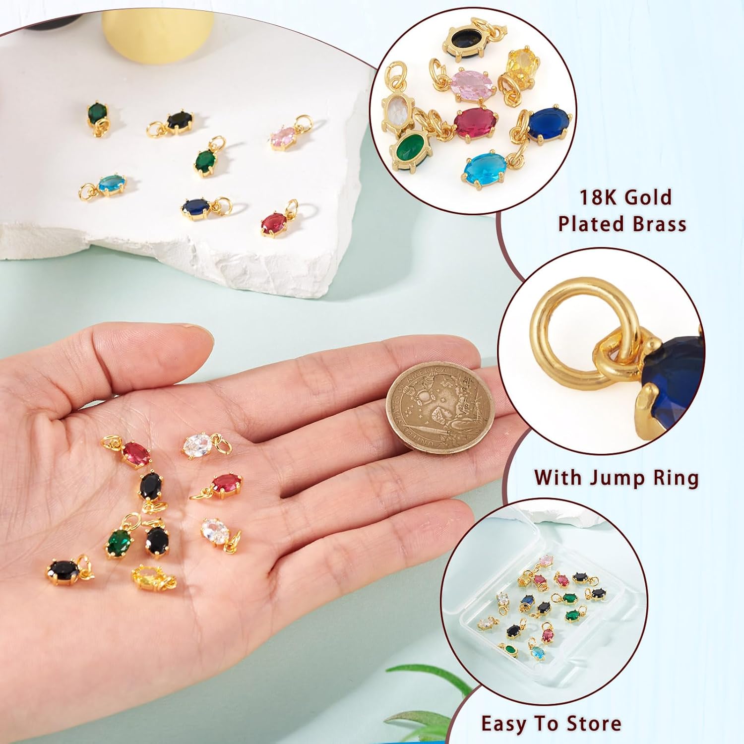 Beadthoven 16pcs Brass Micro Pave Cubic Zirconia Oval Charms 18K Gold Plated Oval Pendants Faceted Crystal Rhinestone Charms with Jump Rings for Jewelry Making Necklace Choker Earrings DIY Crafts - Image 4