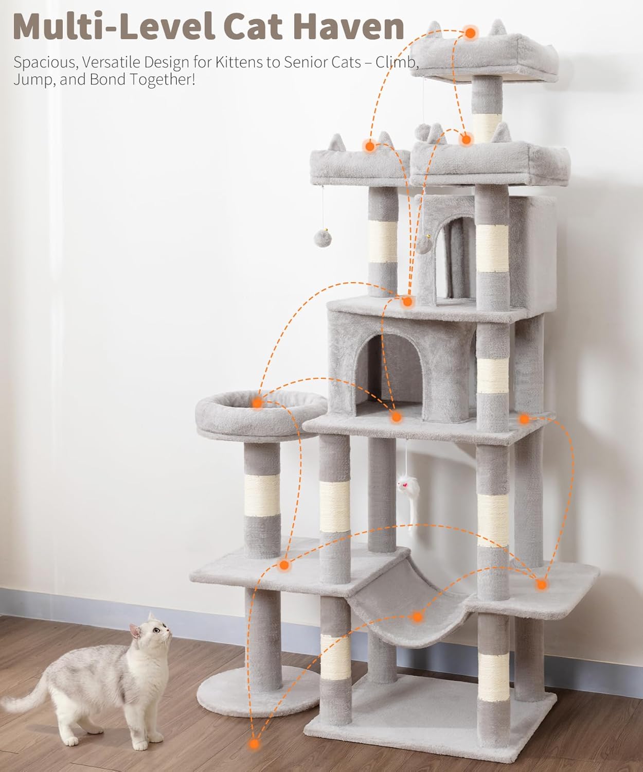 Heavy Duty Cat Tree for Indoor Cat, 71 Inch Large Cat Tower with Scratching Post and Top Perch, Hammock, Big Cat Condo for Adult Cats Kittens, PMT03GY, Grey