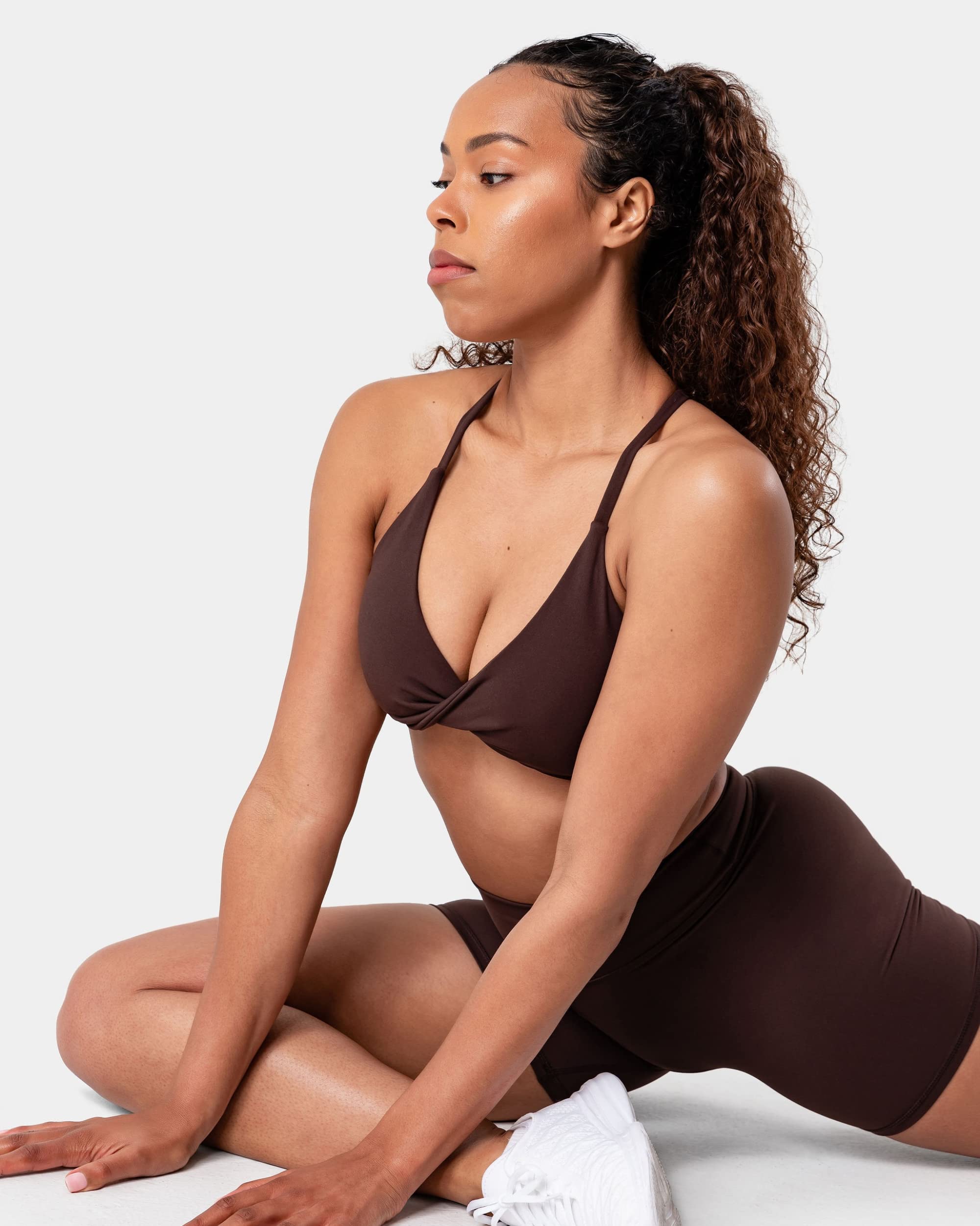 Kamo Fitness Serenity Shorts High Waisted 6" Inseam No Front Seam Thigh Friendly V Booty Seam Women's Biker Shorts (Java Brown, S)