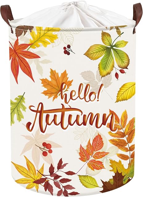 Clastyle 45L Hello Autumn Maple Leaves Laundry Basket Fall Red Berry Laundry Hamper with Drawstring Round Toy Clothes Storage Basket for Bedroom, 14.2x17.7 in