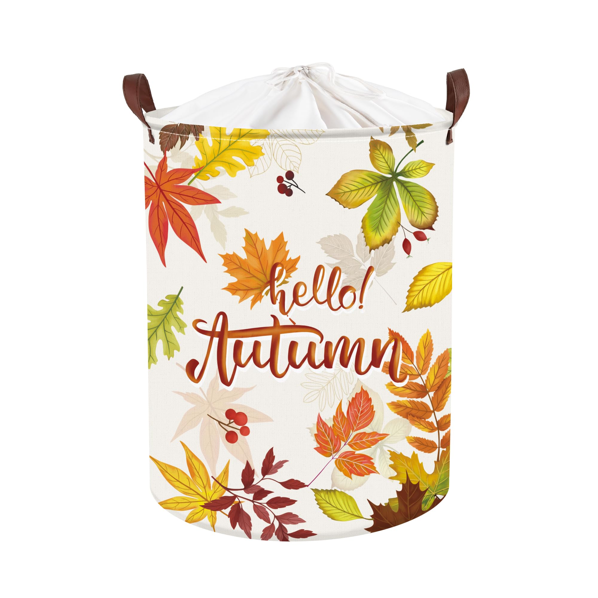 Clastyle 45L Hello Autumn Maple Leaves Laundry Basket Fall Red Berry Laundry Hamper with Drawstring Round Toy Clothes Storage Basket for Bedroom, 14.2x17.7 in