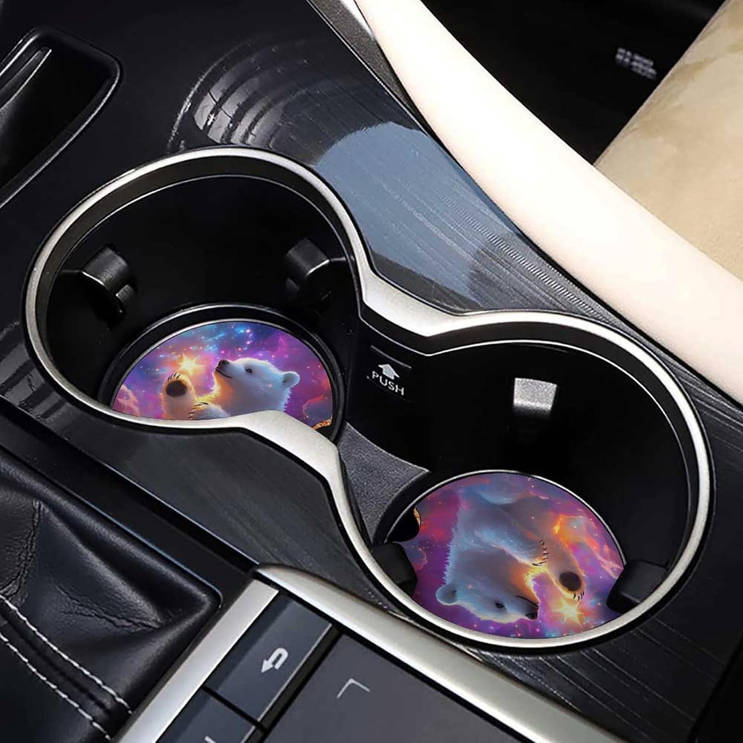 Polar Bear and Stars Cute Car Coasters 2.56 Inch Absorbent Cup Holder for Drinks Auto Interior Accessories
