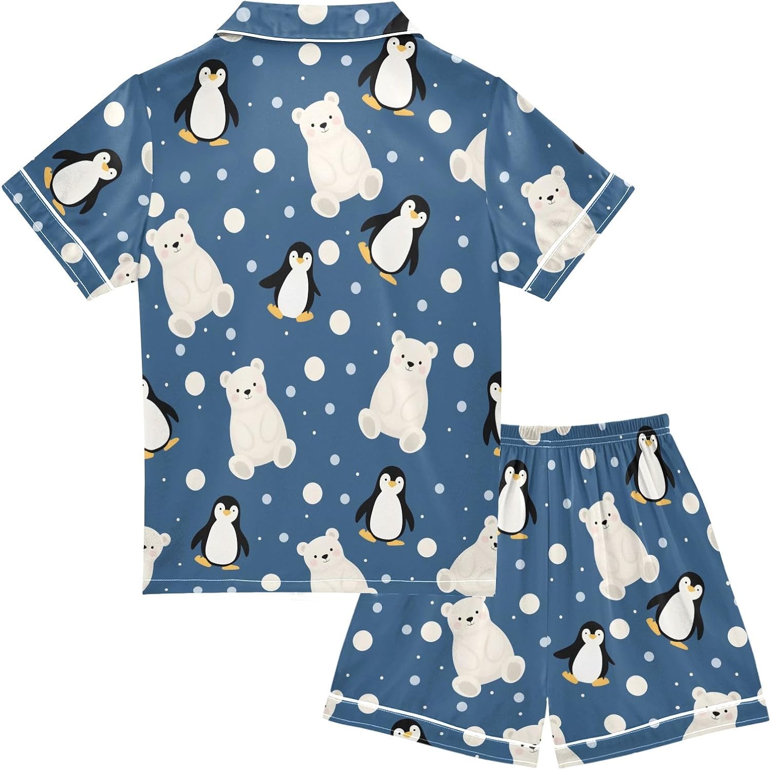 Kids Satin Wear Set Penguin and White Bear Pattern Relaxed Fit Clothing Short Sleeve and Shorts