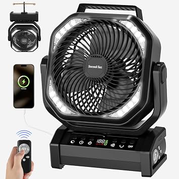 Socool Camping Fan with Light, 20000mAh Rechargeable Battery Fan with Remote, 112Hrs & 8 Speeds, Digital Display, Timer, Auto Oscillation, 270 Pivot & Hook for Outdoor Tent, Hurricane, Power Outage