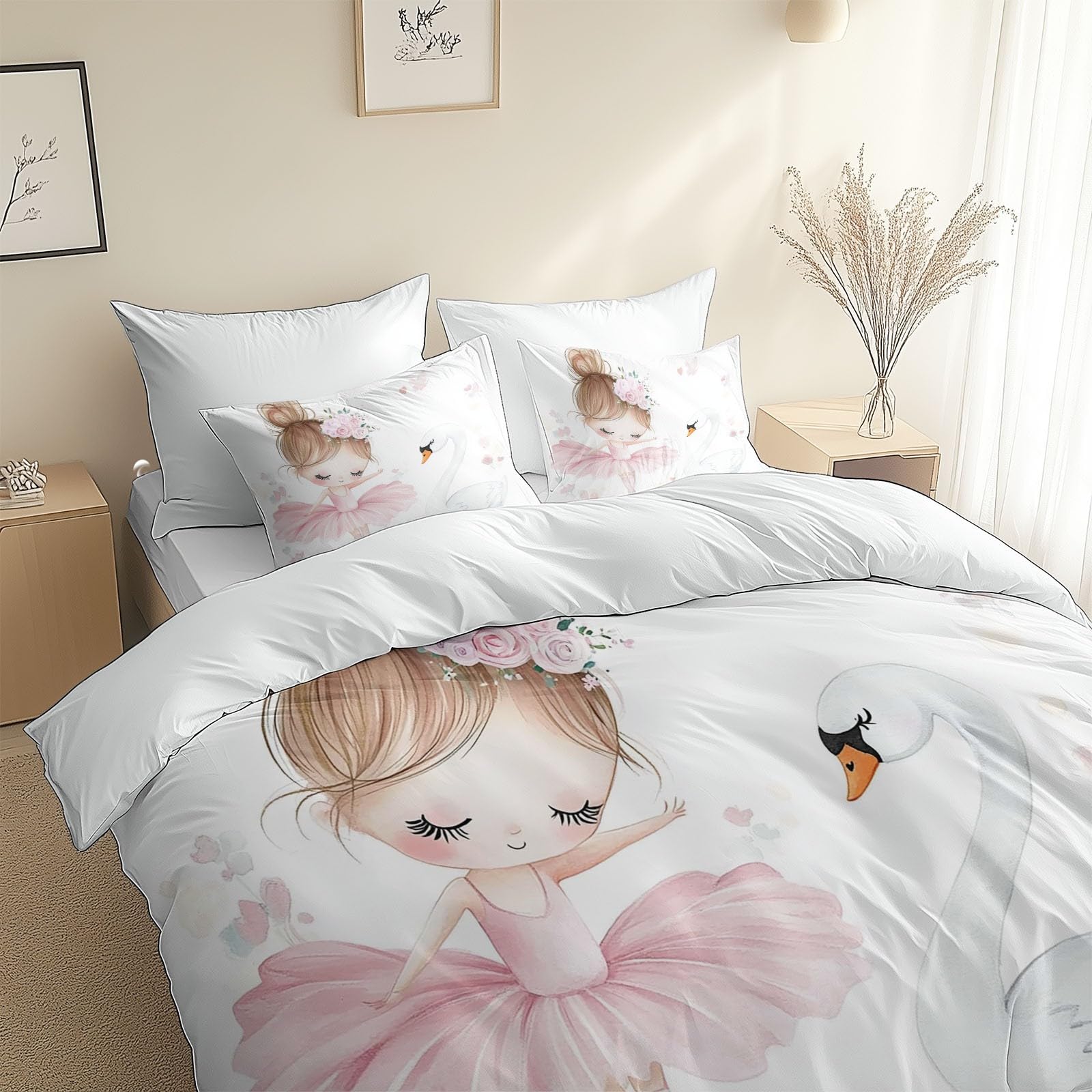 Funda Nordica Infantil para Cama 90 Cisne niña Dibujos Animados, Funda de Edredón Niña de Polialgodón, Juego de Ropa de Cama con Fundas Nordicas 150x200 cm 1 Funda de Almohada 50x75 cm