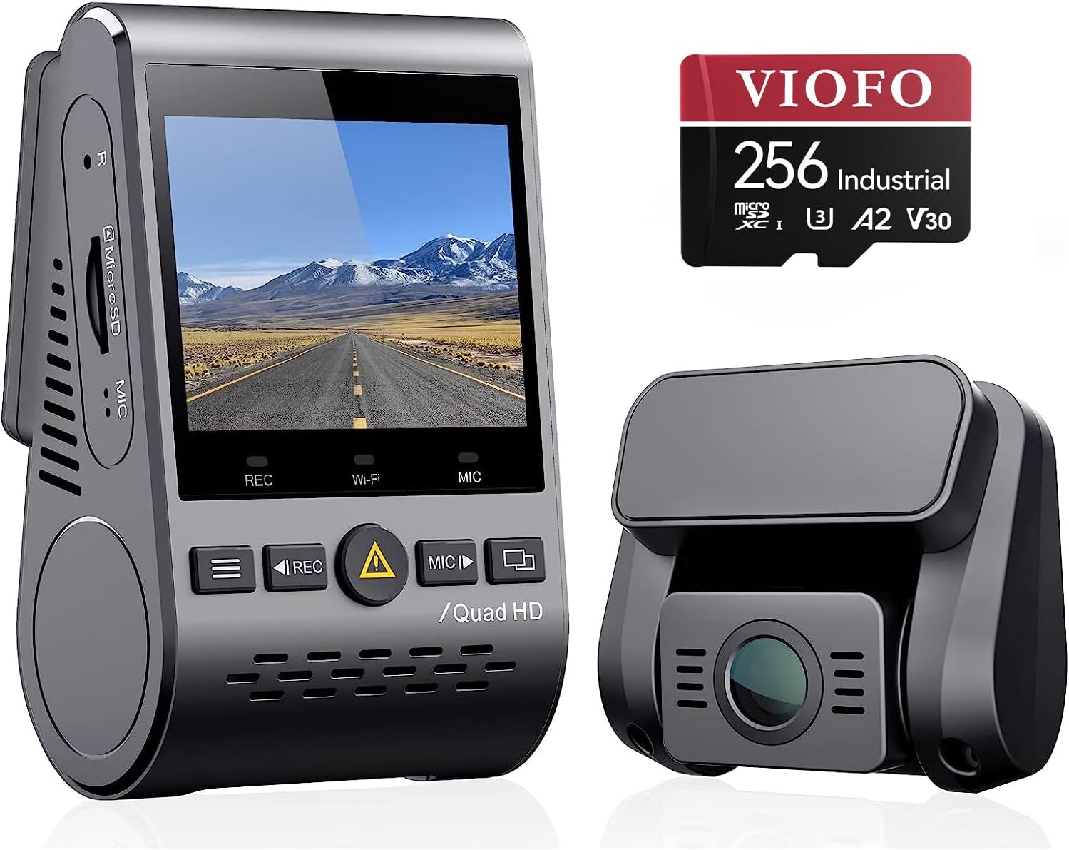 VIOFO A129 Plus Duo 2K 1440P Front & 1080P Rear Dash Cam with Wi-Fi, GPS, Night Vision + 256GB U3 A2 MicroSD Card Bundle for Ultra HD Recording & Reliable Storage, Ideal for Vehicle Surveillance