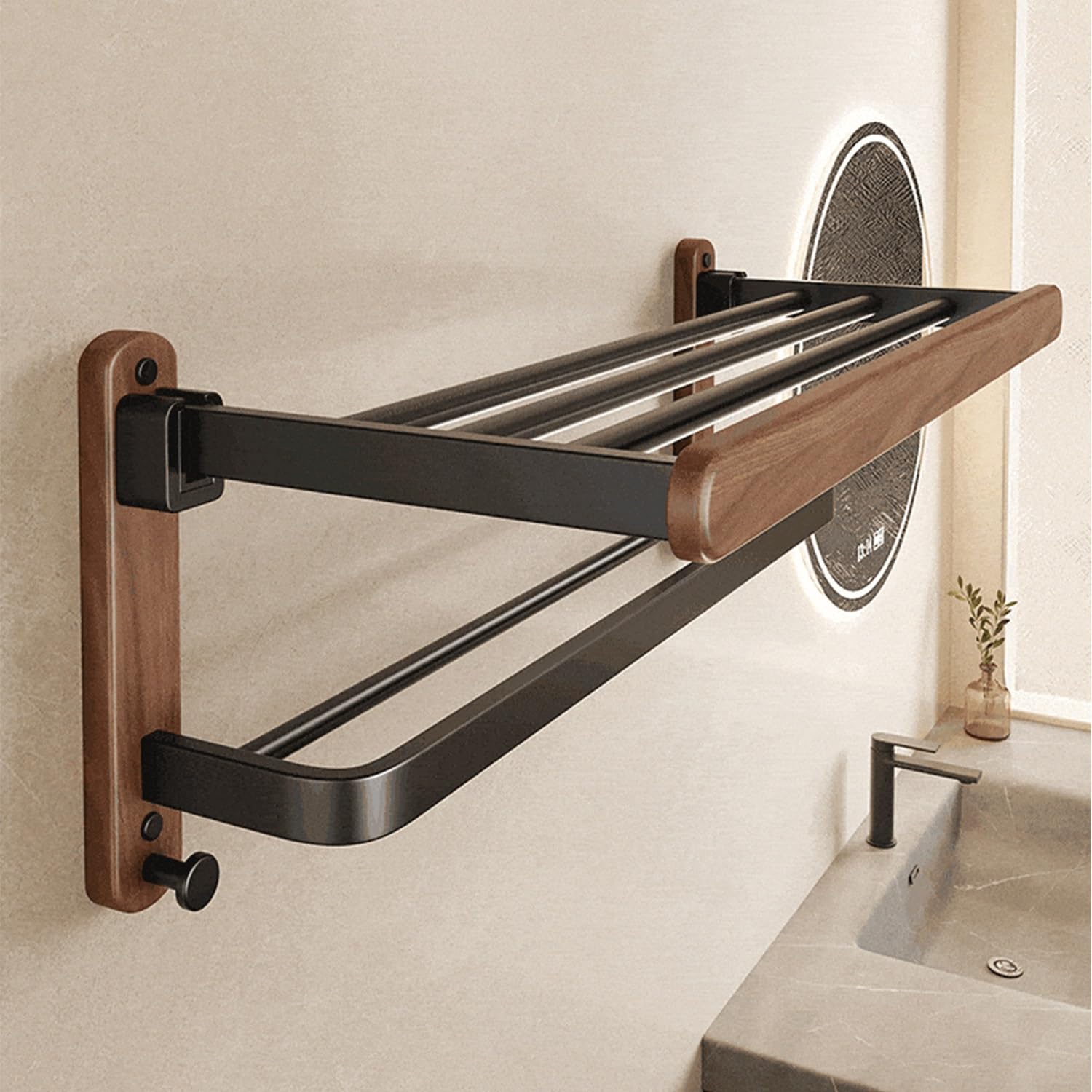 LMYSXAOZ Towel Rack Walnut No-Punch Bathroom Bar High-End Bath Shelf Holder Organizer Wall-Mounted Restroom Toilet