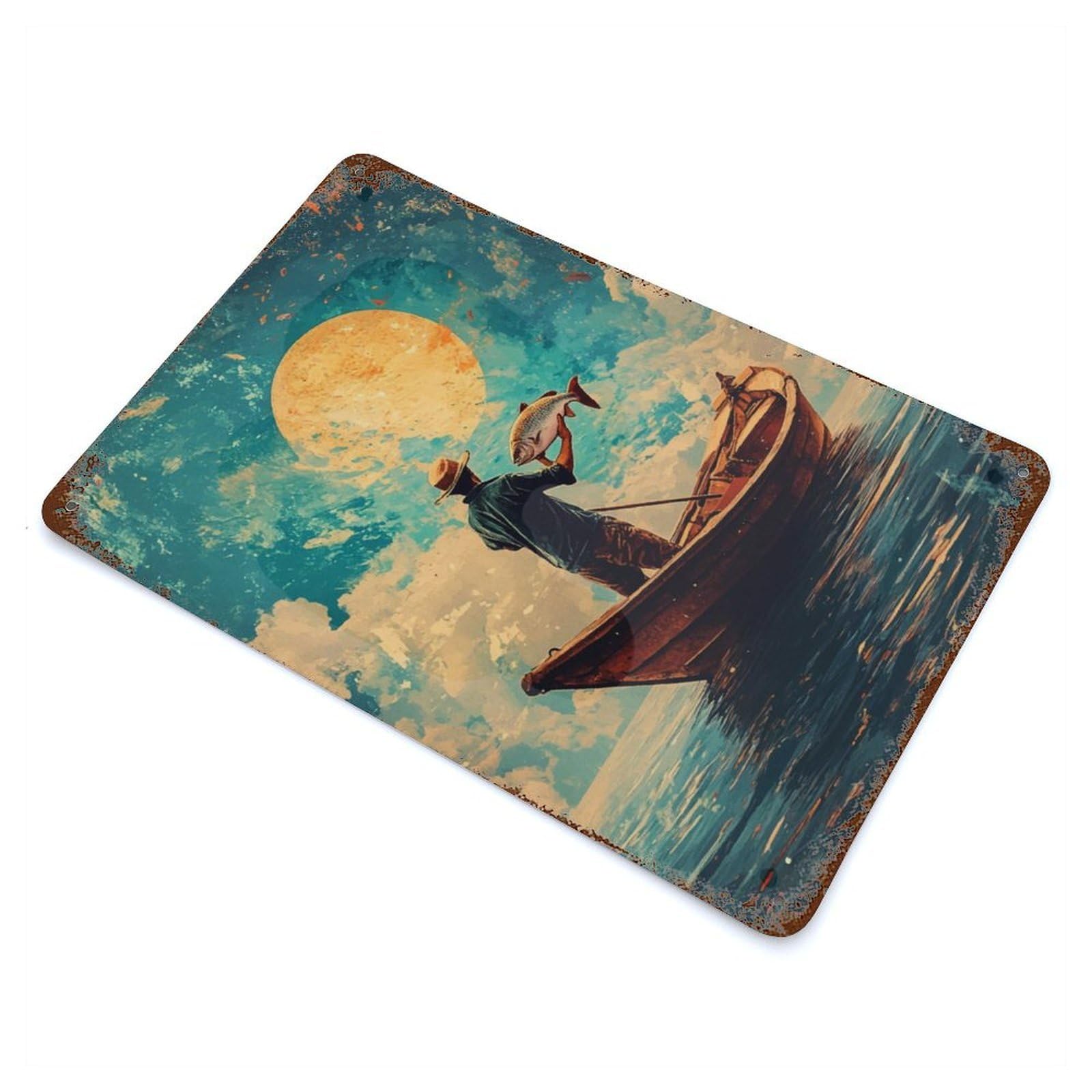 Fisherman with Catch Decorative Tin Sign 11.8"x7.9", Retro Wall Decor for Living Room, Hallway And Home Decor