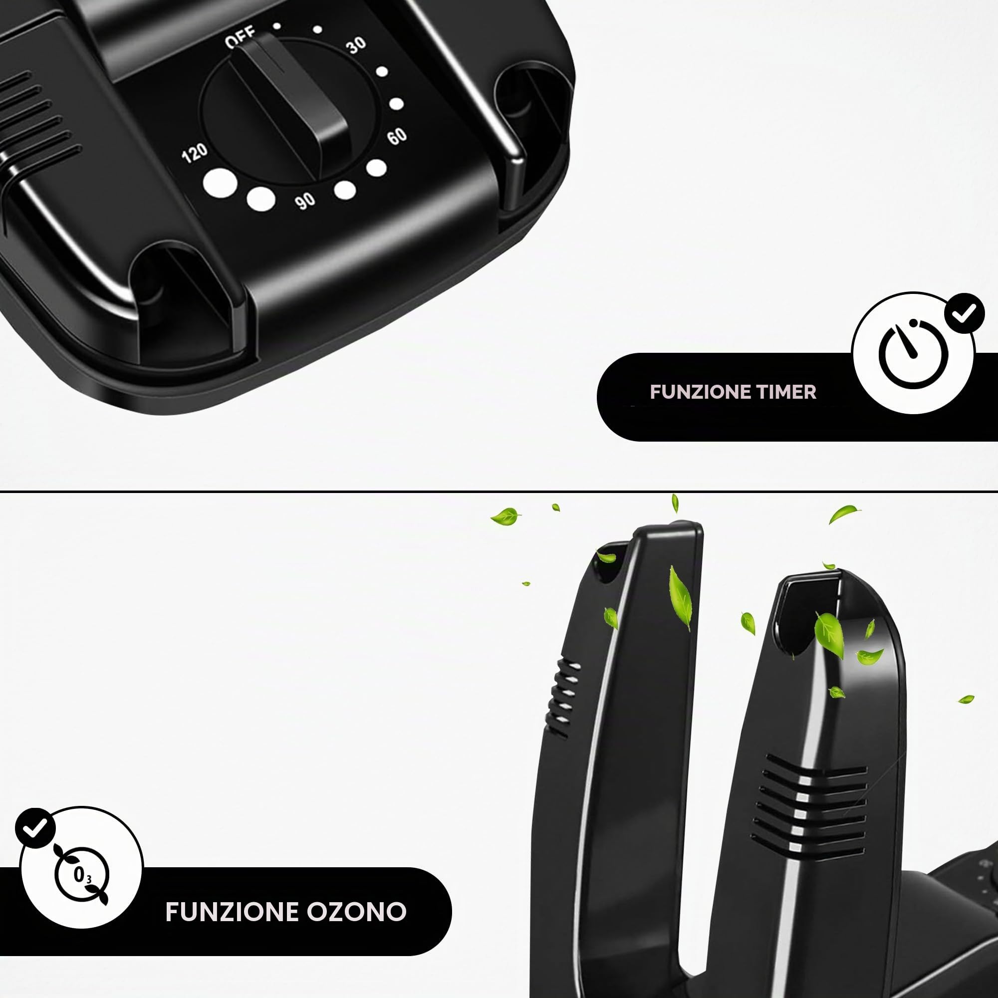 Vonia Ozone Asciugascarpe e Deodorante per Scarpe con timer - Mangia odori - Asciuga Scarpe- Scarpe fresche e pulite - Nero (Con Ozono)
