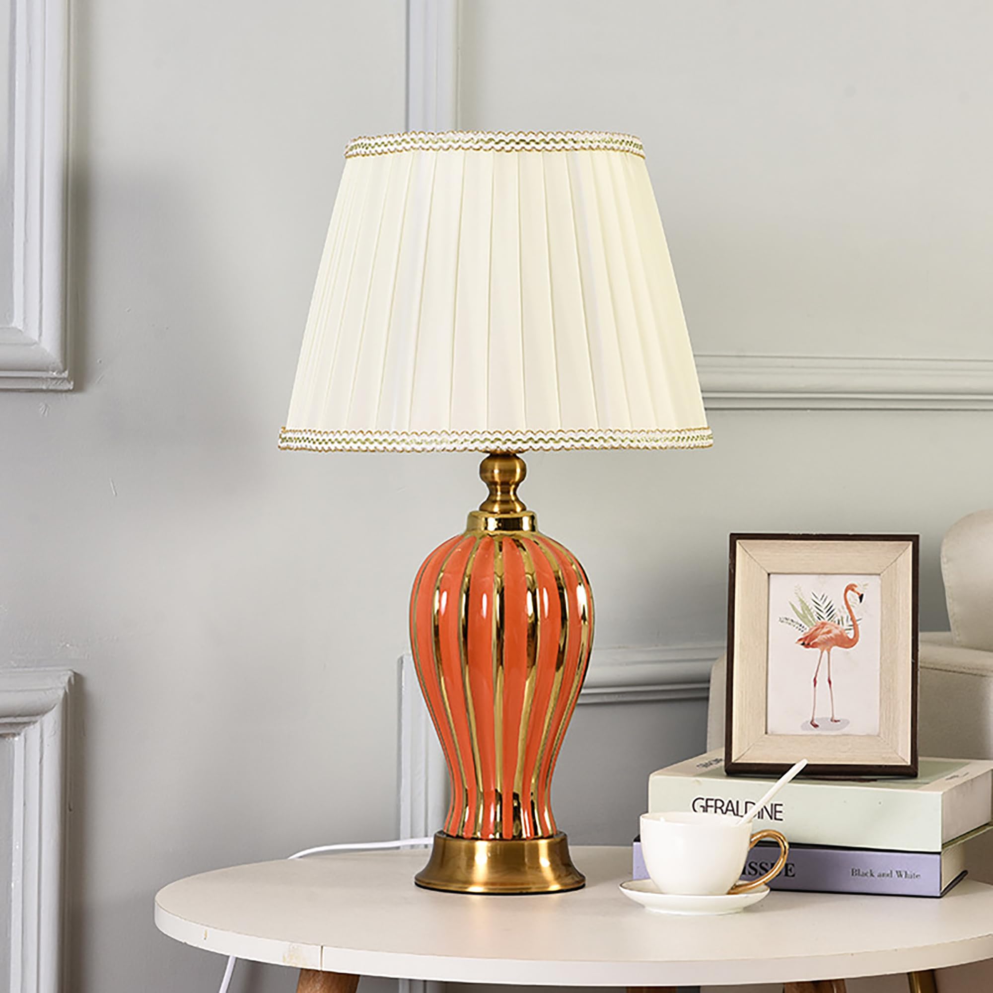 XINYASEE Lampe de table en céramique simple, lampe de chevet rétro avec abat-jour en tissu,Lampe de bureau, llampe à poser pour la chambre à coucher et le salon E27 Tête (Rouge)