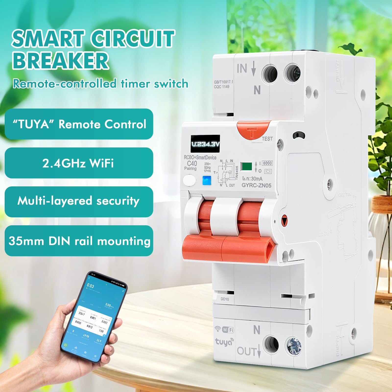 Fi schutzschalter 40A 30mA Typ A 1P+N Tuya wlan automatische wiedereinschaltung wifi fehlerstromschutzschalter AC230V Leitungsschutzschalter Mit Kurzschluss Unter-und Überspannung Überlast GYRC-ZN05