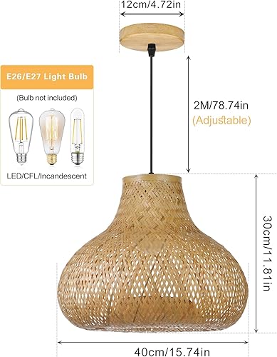 Miniatura 5 de WalmHomie 1 paquete de lámpara colgante de bambú hecha a mano con tejido de bambú natural para sala de estar, dormitorio, pasillo, granja