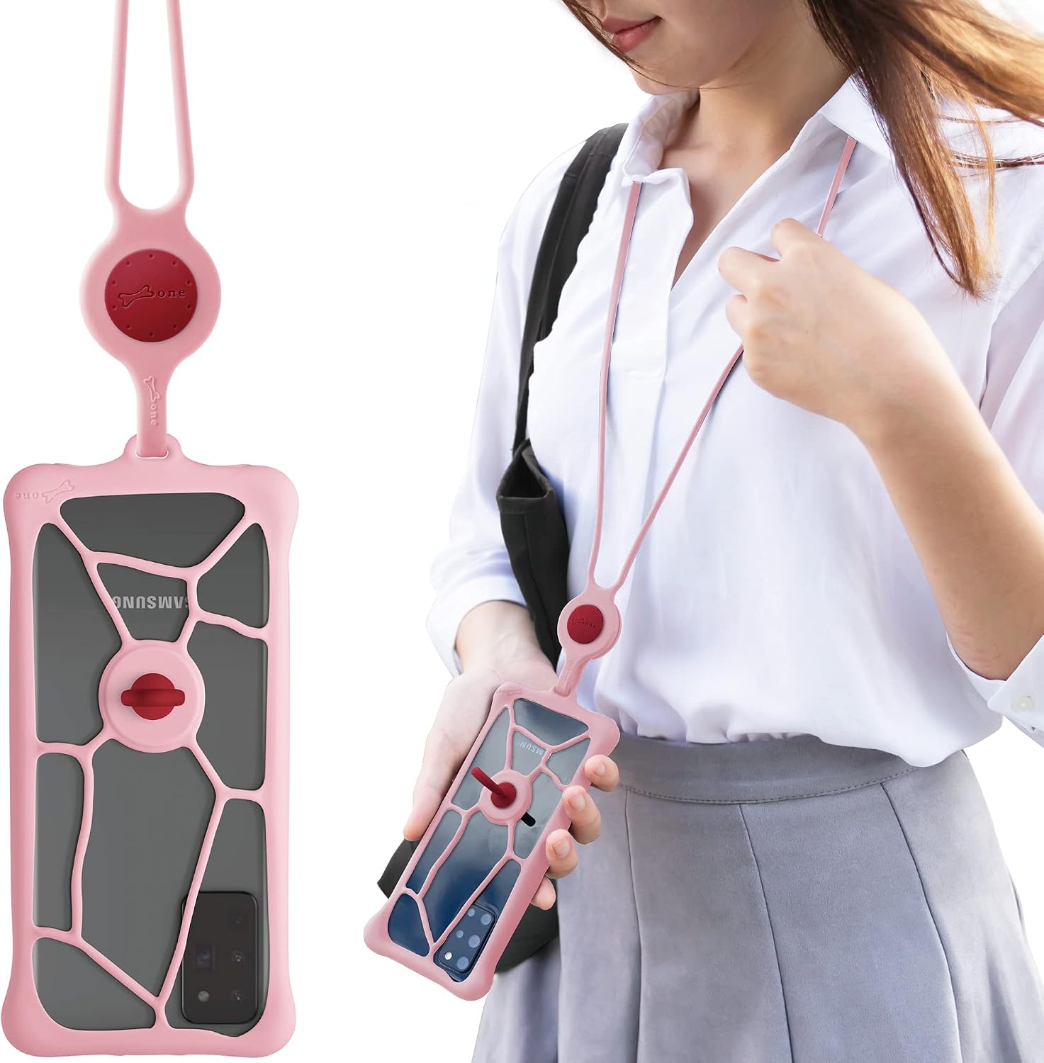 Bone】 Lanyard Phone Bubble Tie 2, Universal Phone Anti-Shock Bumper Case, Adjustable Neck Strap w/Phone Ring Holder for Apple iPhone 12, Samsung Galaxy, Google Pixel, Fits Phones Size 6.1-7.2"- Pink