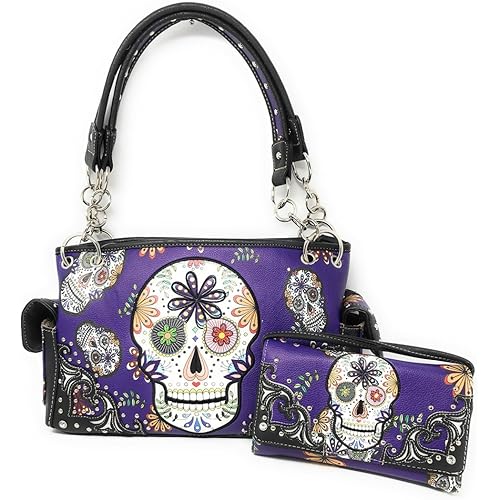 Texas West Women's Flora Candy Skull Handbag and Matching Wallet in 3 colors
