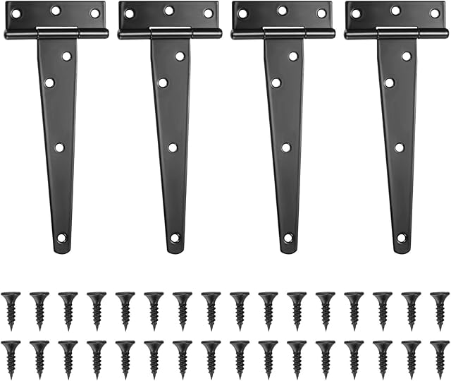 4 Pcs T Hinges, T-Strap Hinges, Metal Heavy Duty Gate Hinges, Tee Hinges with Screws for Sheds, Windows, Fence, Barn Gates Supplies (Black,6 Inch)