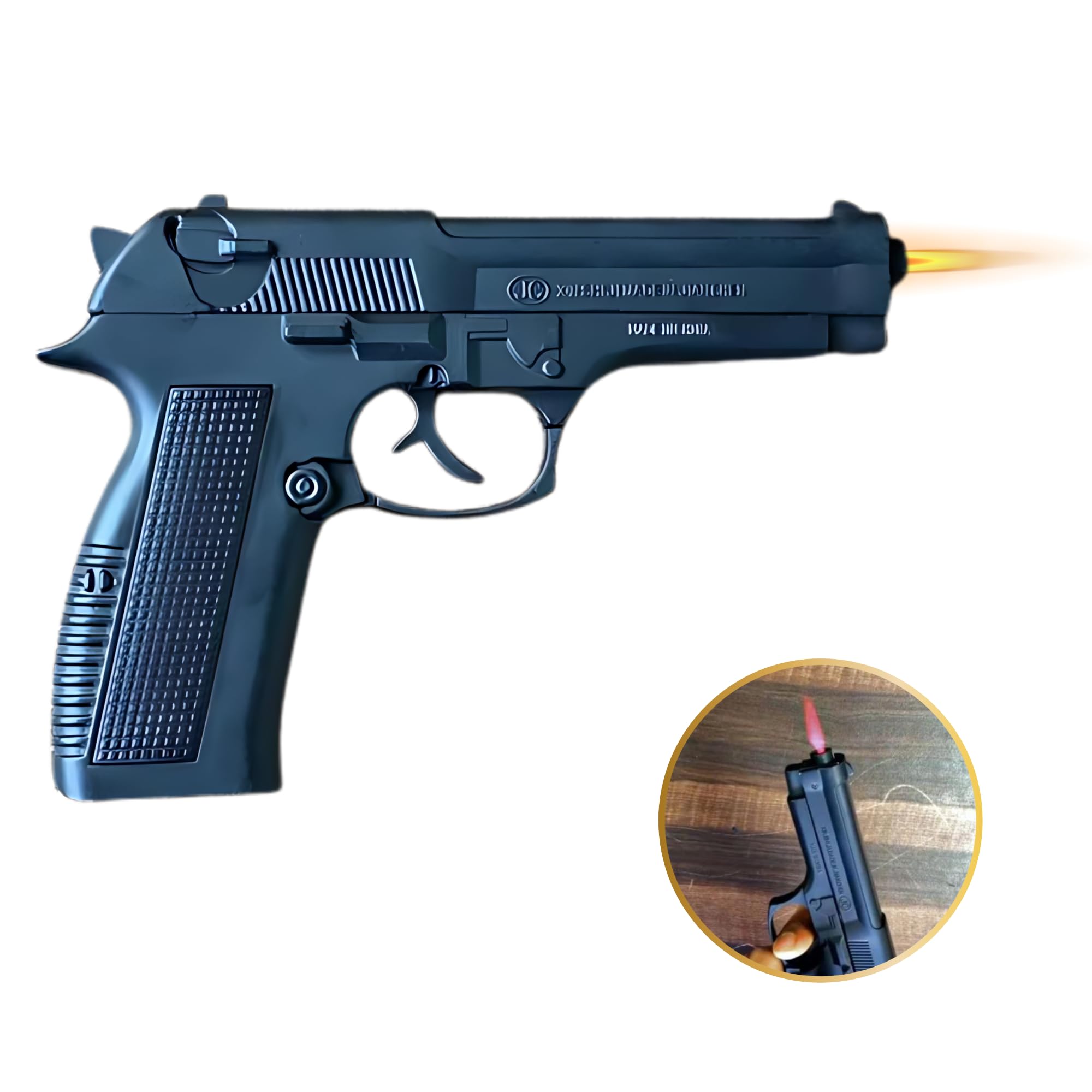 Gun Gas Lighter, Pistol Shaped with Stand, 7.65 mm, Heavy Metal Body, Barrel Pull Back System, with Holster (608) (Black)-image-34
