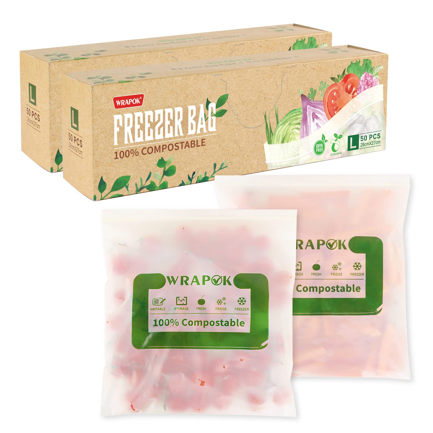 WRAPOK 100% Compostable Gallon Bags Biodegradable Storage Freezer Bag for Vegetables, Fruits or Meats, 100 Count