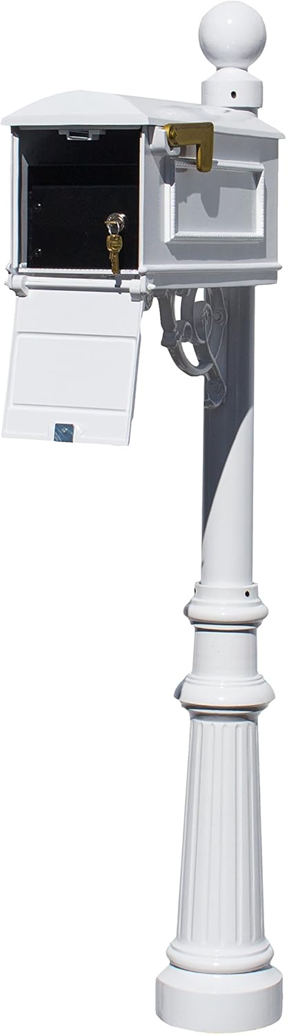 Qualarc LML-804-WH Lewiston Rust Free Cast Aluminum Locking Mailbox System with Post, Decorative Ball Finial & Fluted Base, White