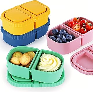MACTANO 4 Pack Reusable Silicone Snack Containers with Lids, 8.5 oz Double Compartment Condiment Meal Prep Control Containers Portable Small Leakproof for Office Travel Picnic