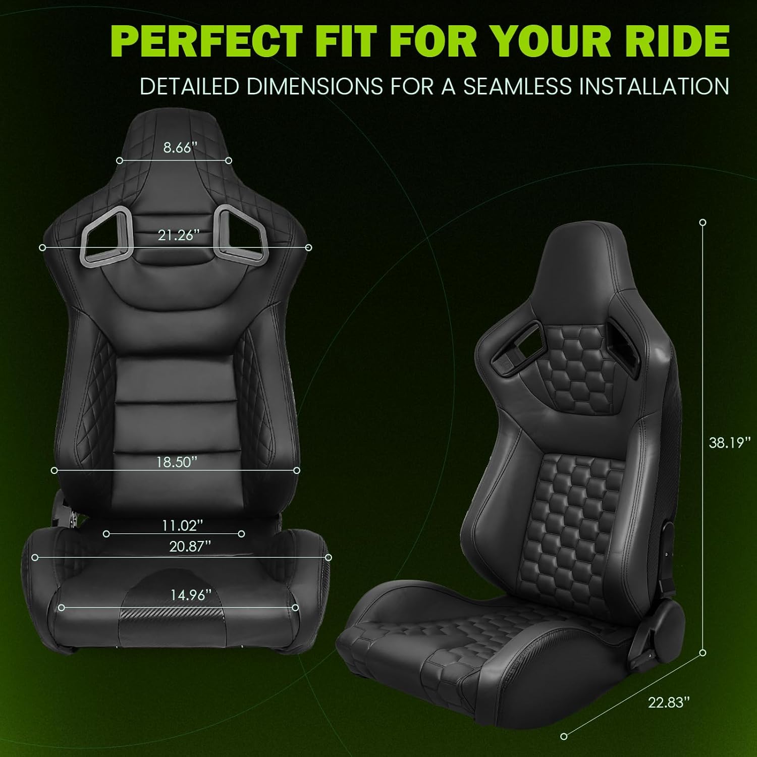 Universal Pairs of Racing Seat with Dual Sliders, PU Leather Front+Carbon Leather Back Reclinable Bucket Seat, Black