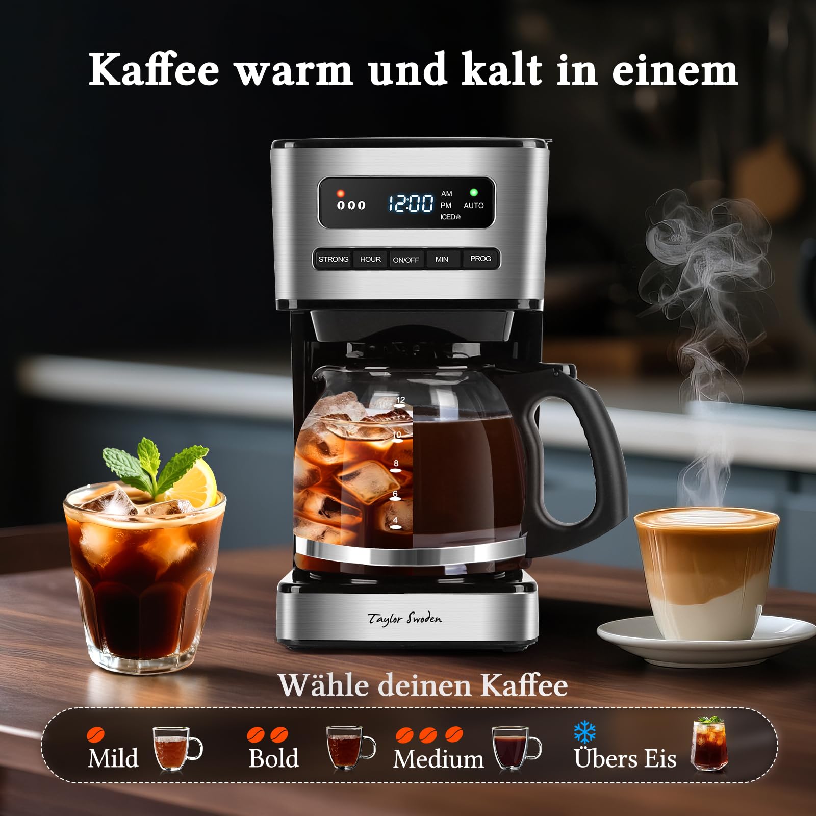 Taylor Swoden Kaffeemaschine 1,8L mit 24H Timer, Eiskaffee-Modus, 3-stufige Stärkeauswahl automatische Reinigung, Filterkaffeemaschine mit Glaskanne & Tropf-Stopp, Wiederverwendbarem Filter, Schwarz