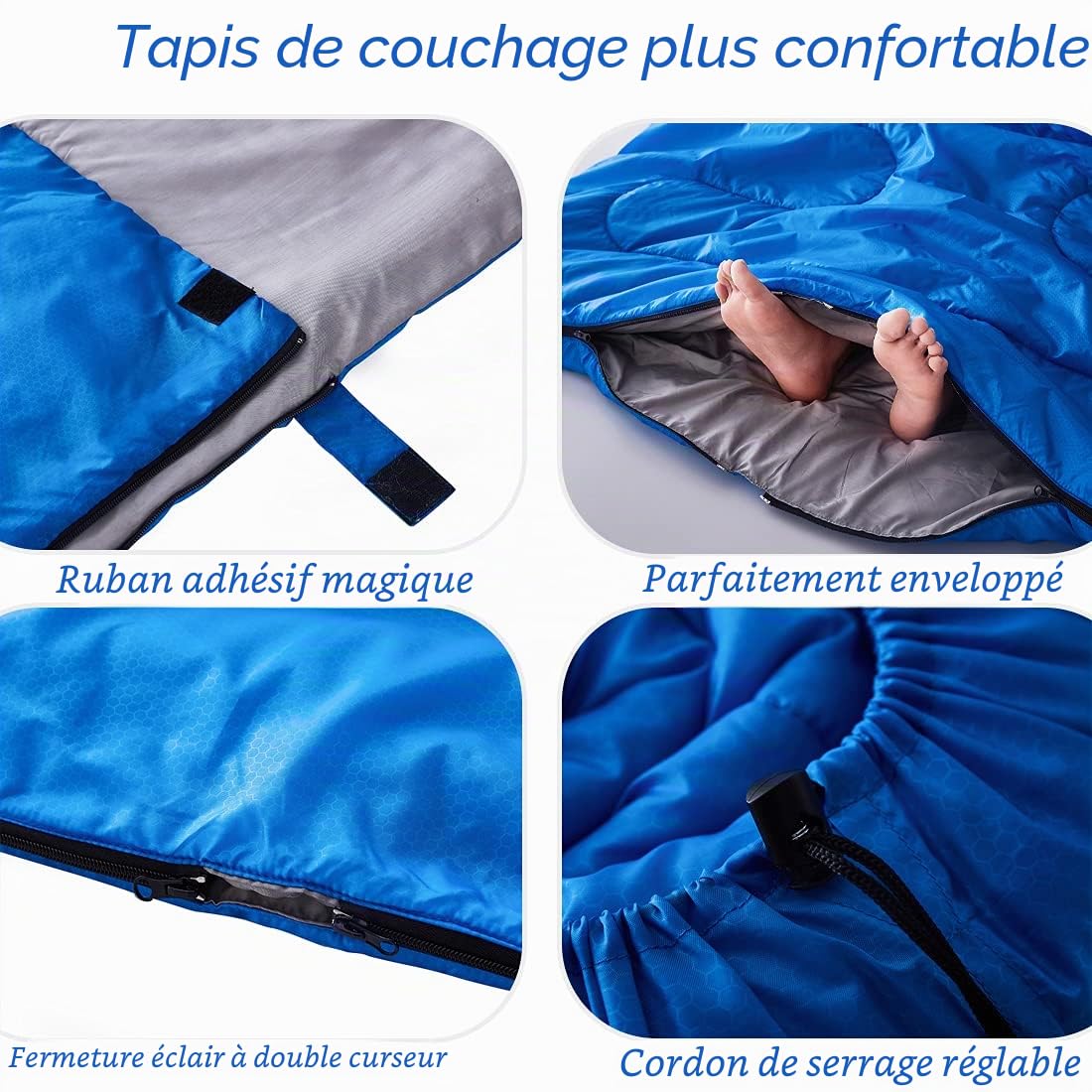 Sac de Couchage – Sac de Couchage 3 à 4 Saisons pour Adultes, Enfants, Filles, garçons, pour randonnée, Temps Froid et Chaud, léger (Bleu Gris, Double 220 x 150 cm)