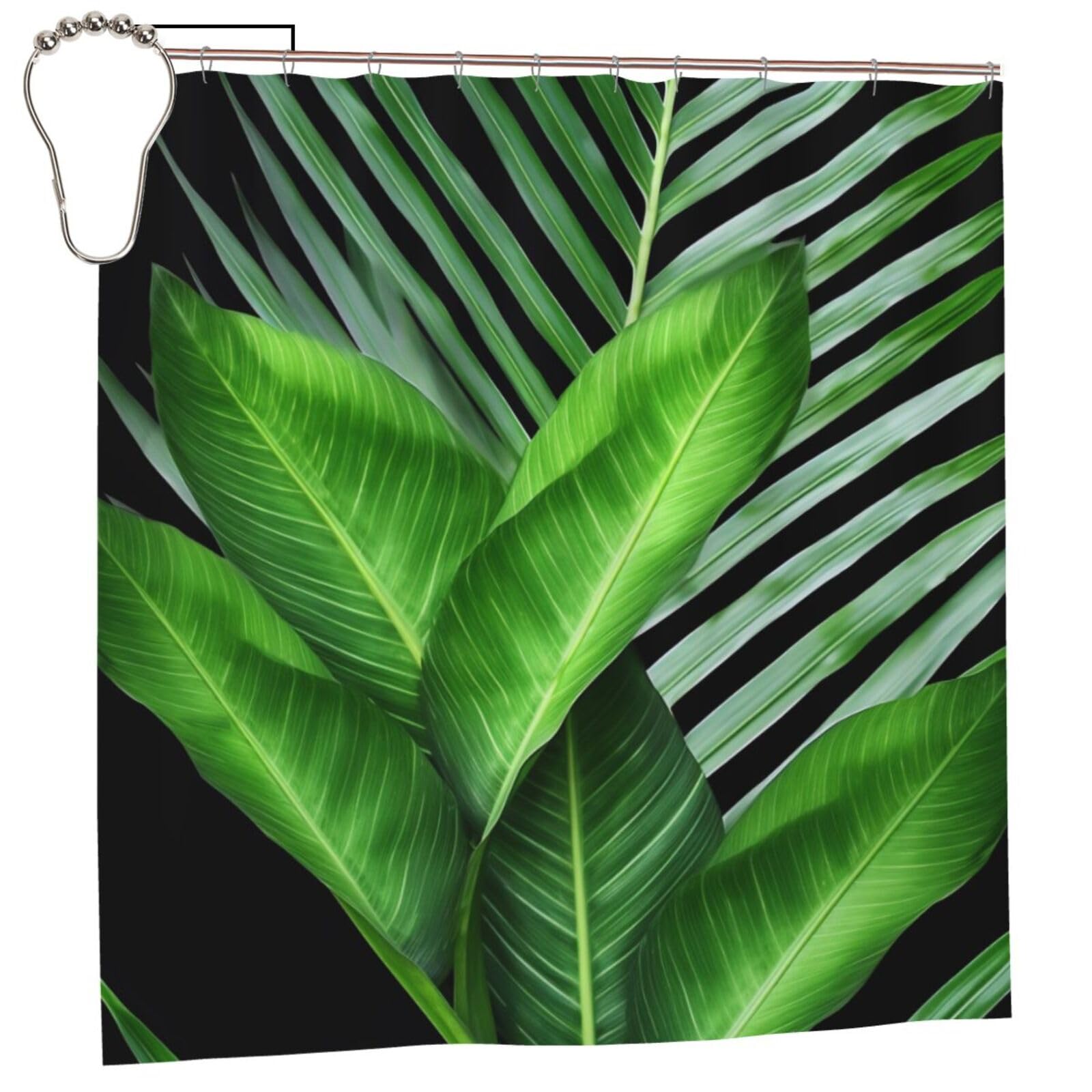 BWWHCCTI Green Palm Leaf Printed Shower Curtain With 12 Iron Hooks Opaque Quick Drying Waterproof Shower Curtains Sets For Bathroom 183x183 CM