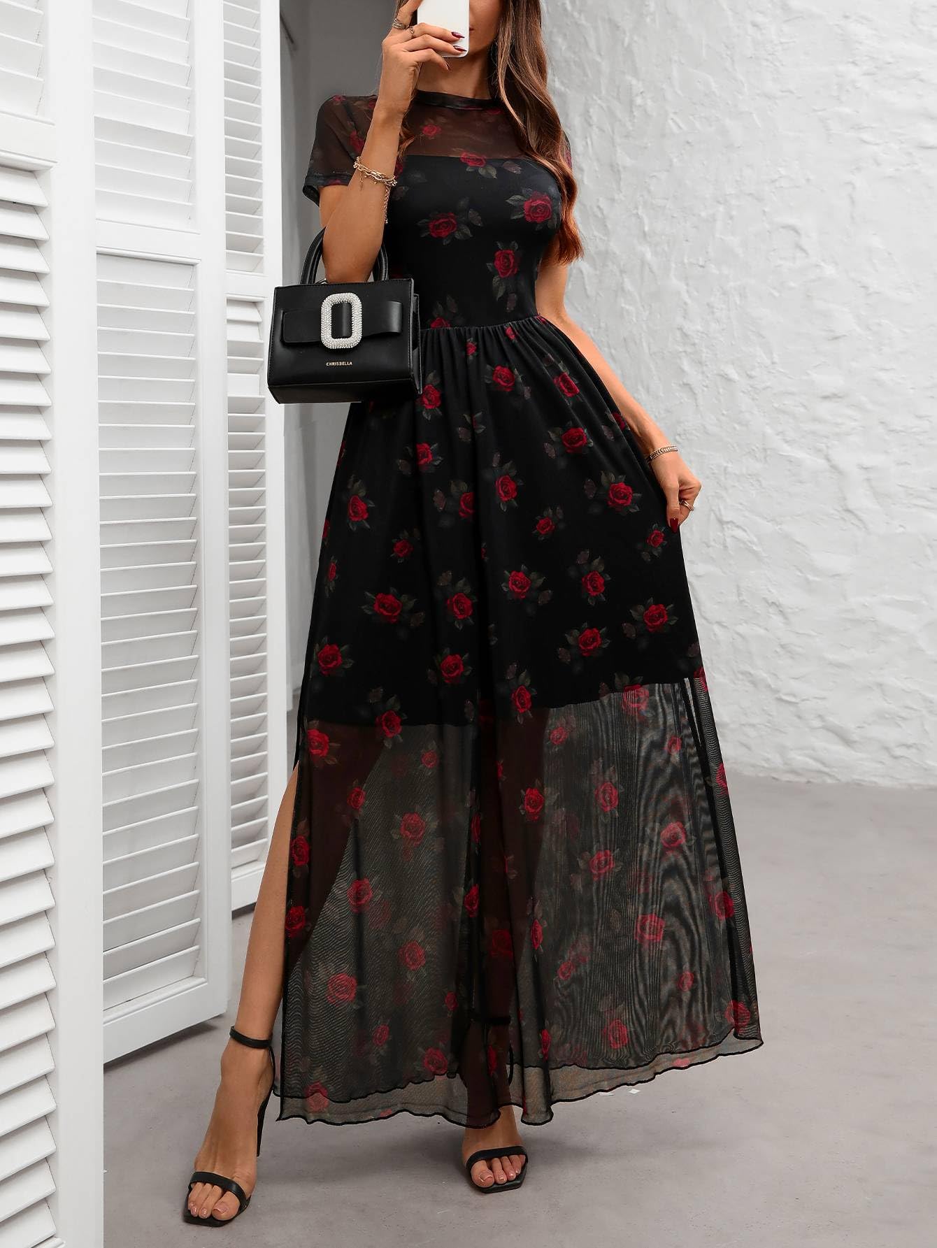 GothDark Women's Mesh Dress Short Sleeve Round Collar Floral Print High Slit Waist-Cinched Wedding Guest Maxi Dresses