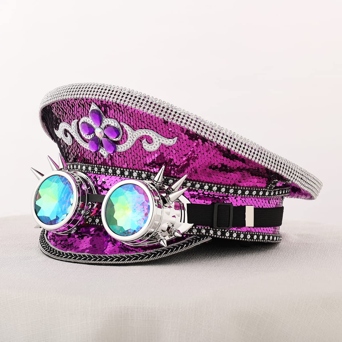 BPURB Unisex Sequin Military Captain Hats with Goggles Steampunk Burning Man Top Hat Festival Halloween Cosplay Costume Caps (Purple) - Image 3