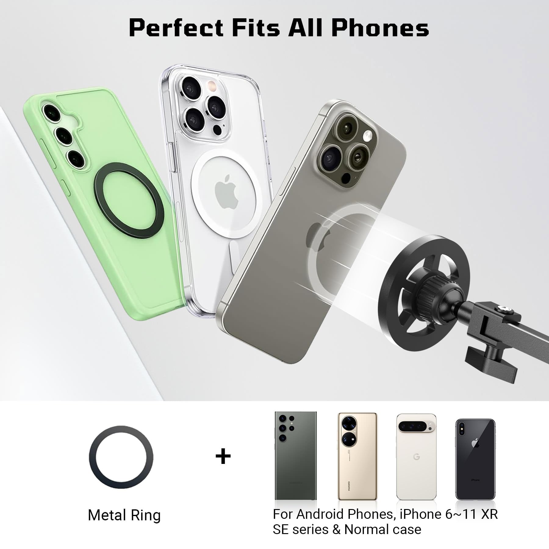 Kefotic Floor Magnetic Phone Holder for Bed Laying Down, Adjustable Bedside Phone Stand for iPhone Magsafe, Headboard Cell Phone Mount for Reading: Black