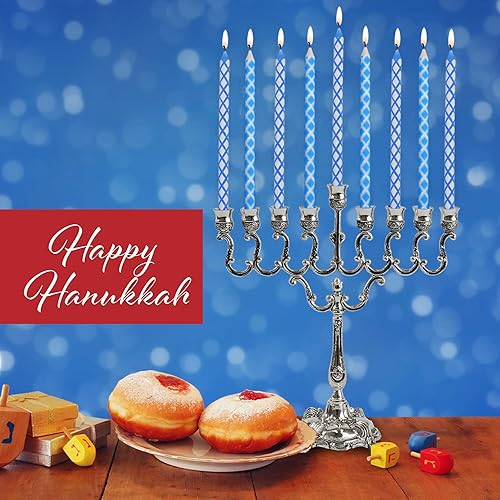 Miniatura 4 de Velas de Hanukkah de tamaño estándar  Velas de Canukah grabadas con diamantes azules y blancos que se adaptan a la mayoría de menorás  Cera de