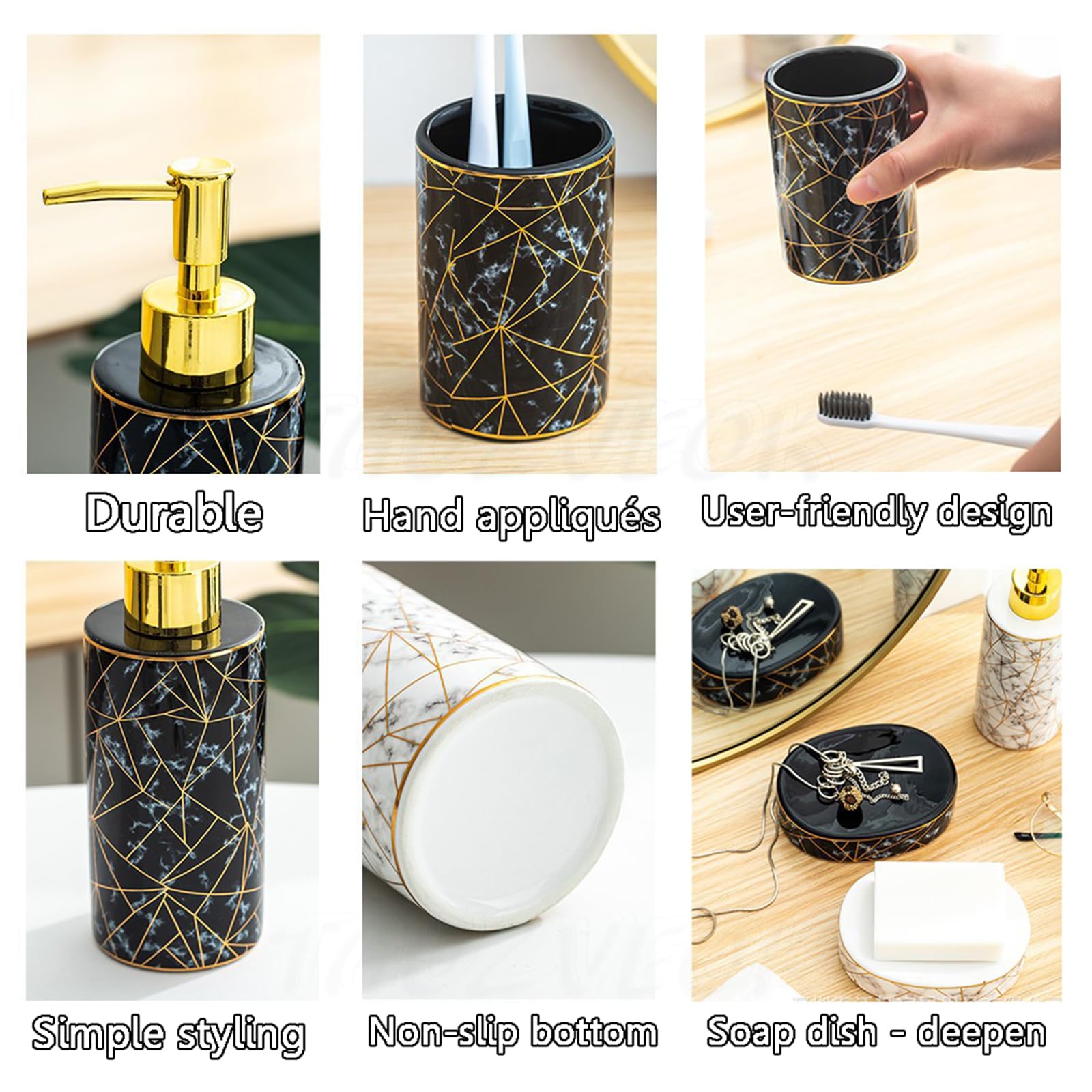 Juego de dispensador de jabón de baño de cerámica con soporte para cepillo de dientes, máquina de gárgaras y jaboneras, 5 accesorios de baño para el hogar, color blanco