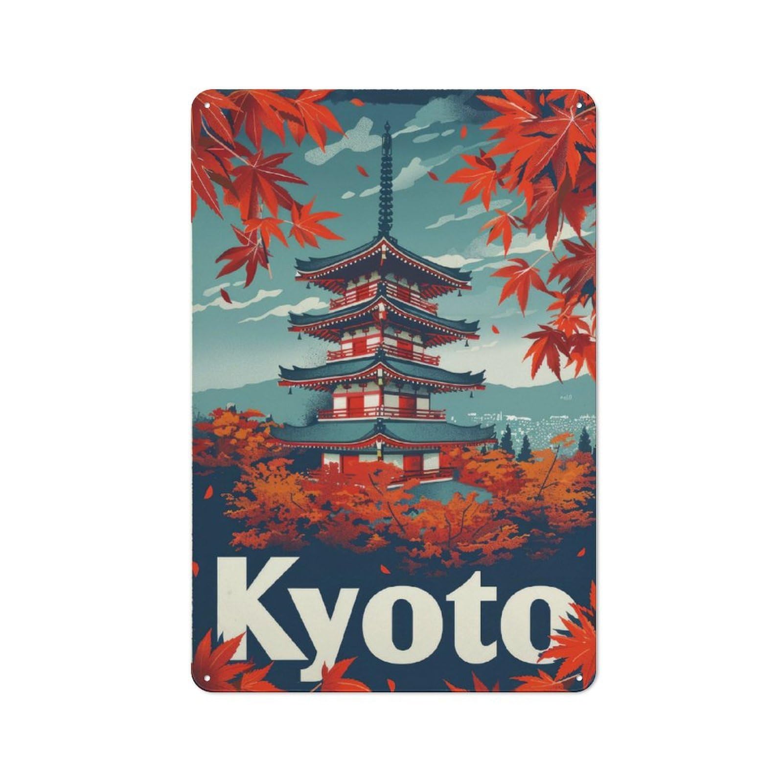 Junmoney Style-8 Garage Style Metal Wall Sign 30X20cm Featuring Pagoda Kyoto Travel Poster, Garage Wall Decor For Garage, Hobby Room, Office Or Man Cave