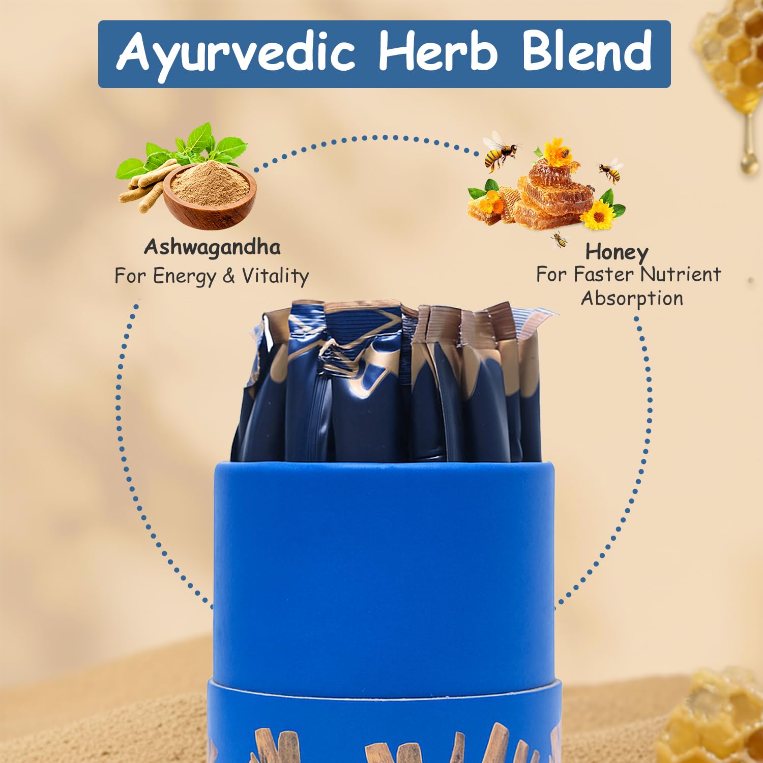 AYODH Ashwagandha & Himalayan Shilajit Honey Sticks Bundle | 60 Sticks | Daily Wellness & Vitality Support
