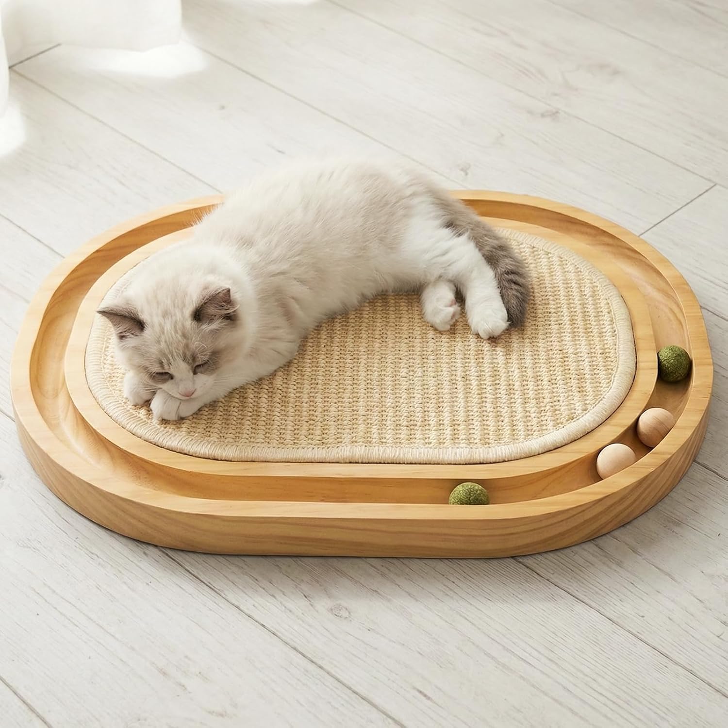 Sisal Cat Scratcher Toy with Ball Track, Natural Scratching Pad, Wooden Cat Toy with Non-Slip Base for Indoor Cats, Suitable for Kittens and Medium Cats