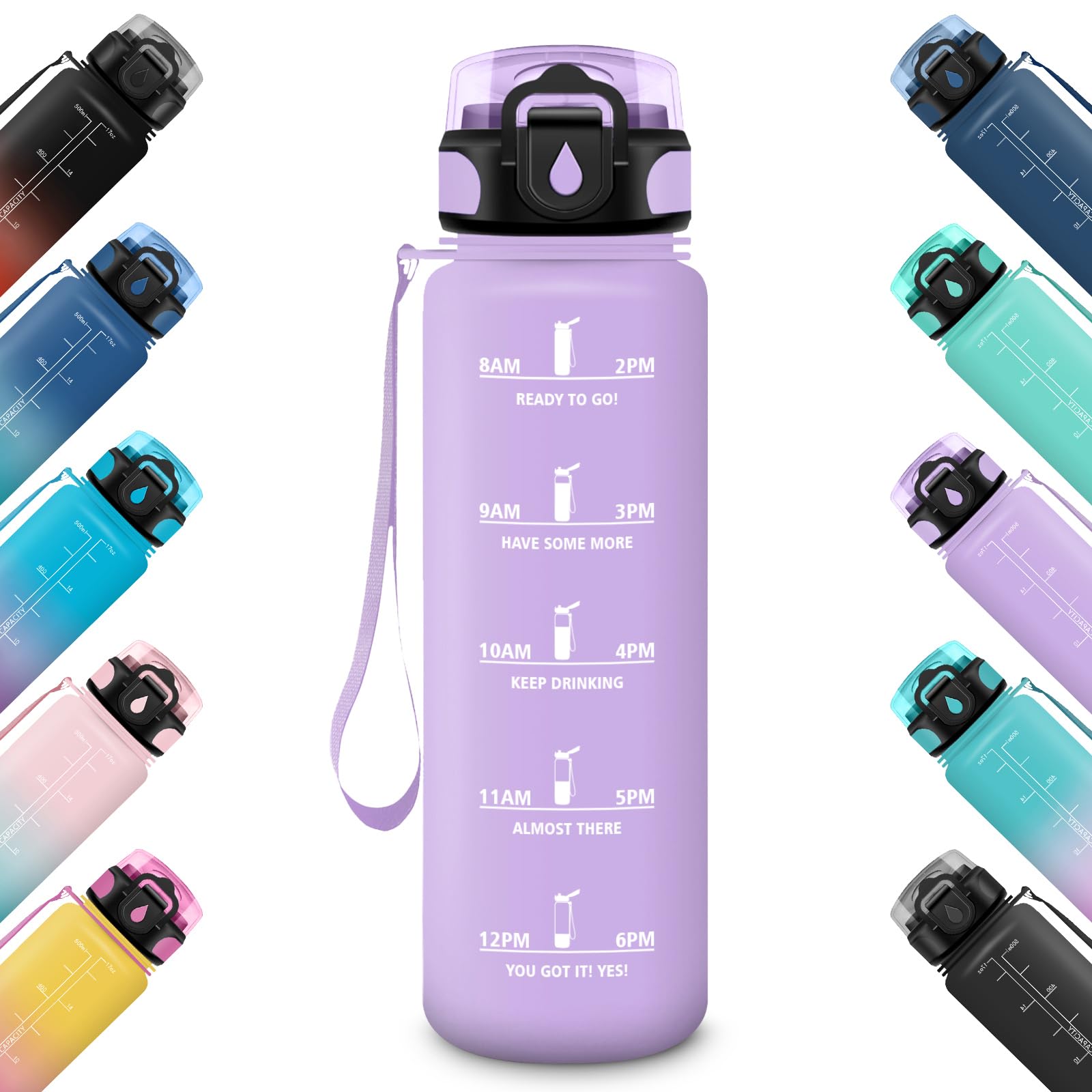 HoneyHolly Sports Water Bottle, 1 Litre, Leak-Proof with Time Marking, Motivational & with Filter, Water Bottle, Suitable for Carbonated Drinks, for Bicycle, Outdoor, Yoga, Gym, Fitness โ image 1