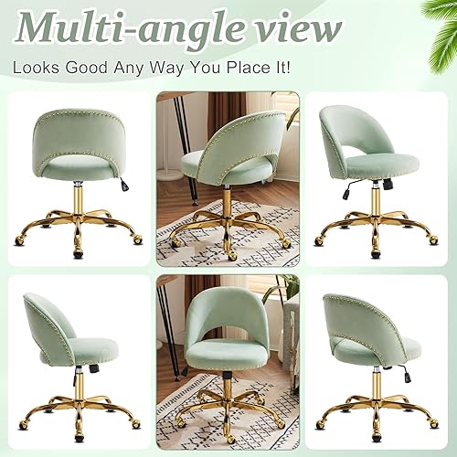 Miniatura 8 de VINGLI Silla de oficina pequeña de terciopelo moderna, bonita silla de escritorio con ruedas, base doradatachuelas, cómoda silla giratoria sin