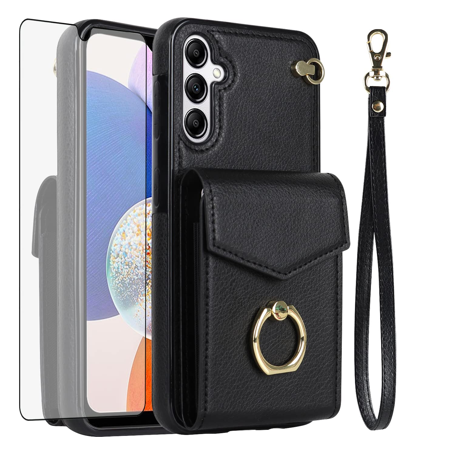 Asuwish Phone Case for Samsung Galaxy A16 5G/4G Wallet Cover with Tempered Glass Screen Protector and RFID Blocking Ring Stand Credit Card Holder