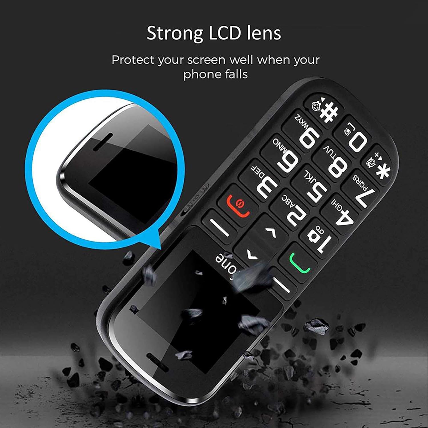 Artfone CS182 phone with a strong LCD lens, illustrating its durability against drops