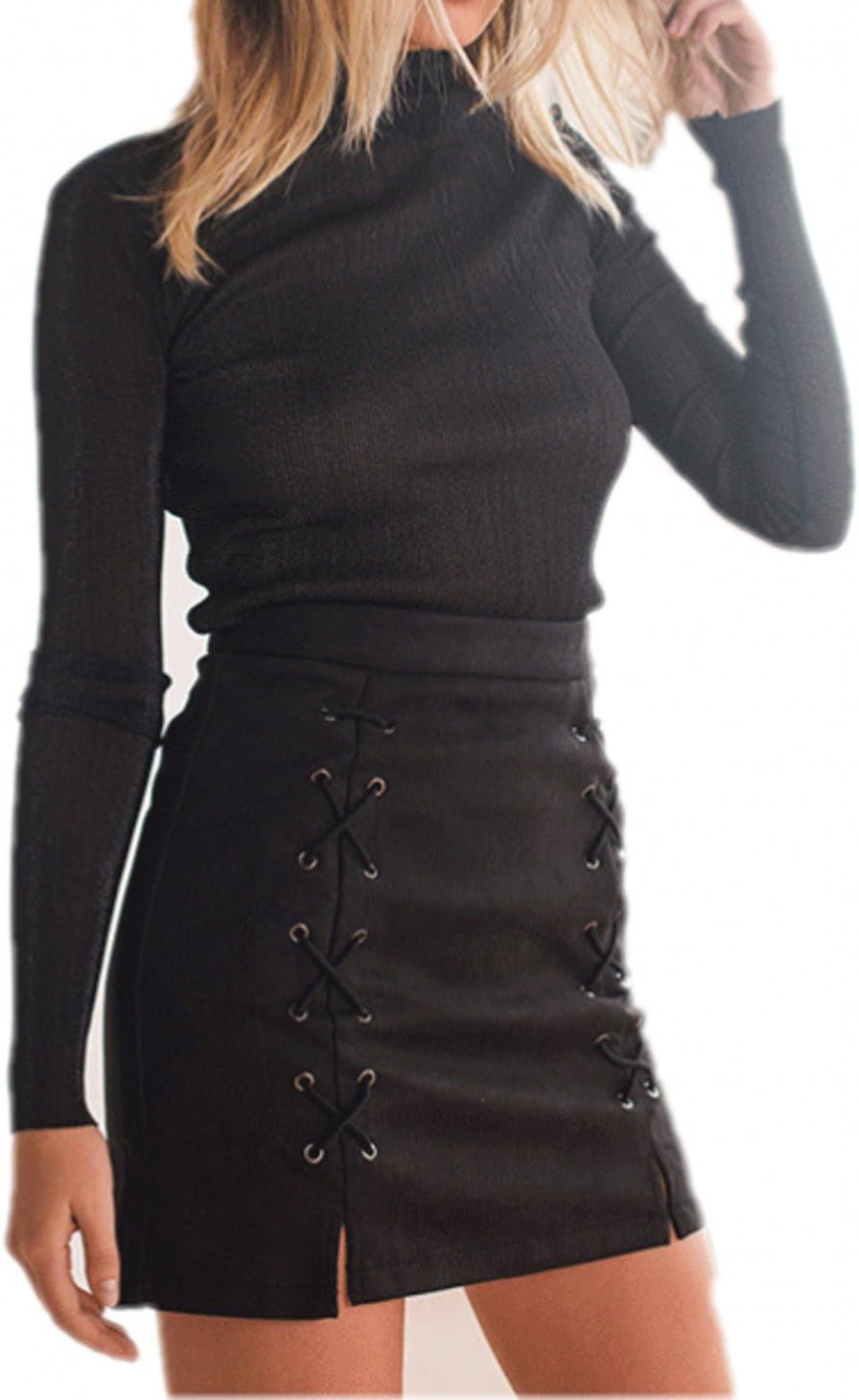 Women's Classic High Waist Lace Up Bodycon Faux Suede A Line Mini Pencil Skirt