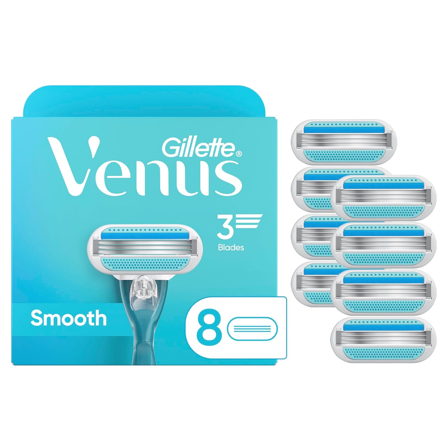 Gillette Venus Smooth Women's Razor Blade Refills, 8 Count - 3-Blade Cartridges with Lubrication for Irritation-Free Shave