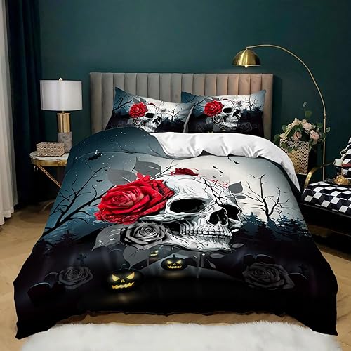Miniatura 1 de AILONEN Juego de funda de edredón de calavera de azúcar, tamaño matrimonial, juego de funda de edredón de calavera de rosa roja, juego de ropa de