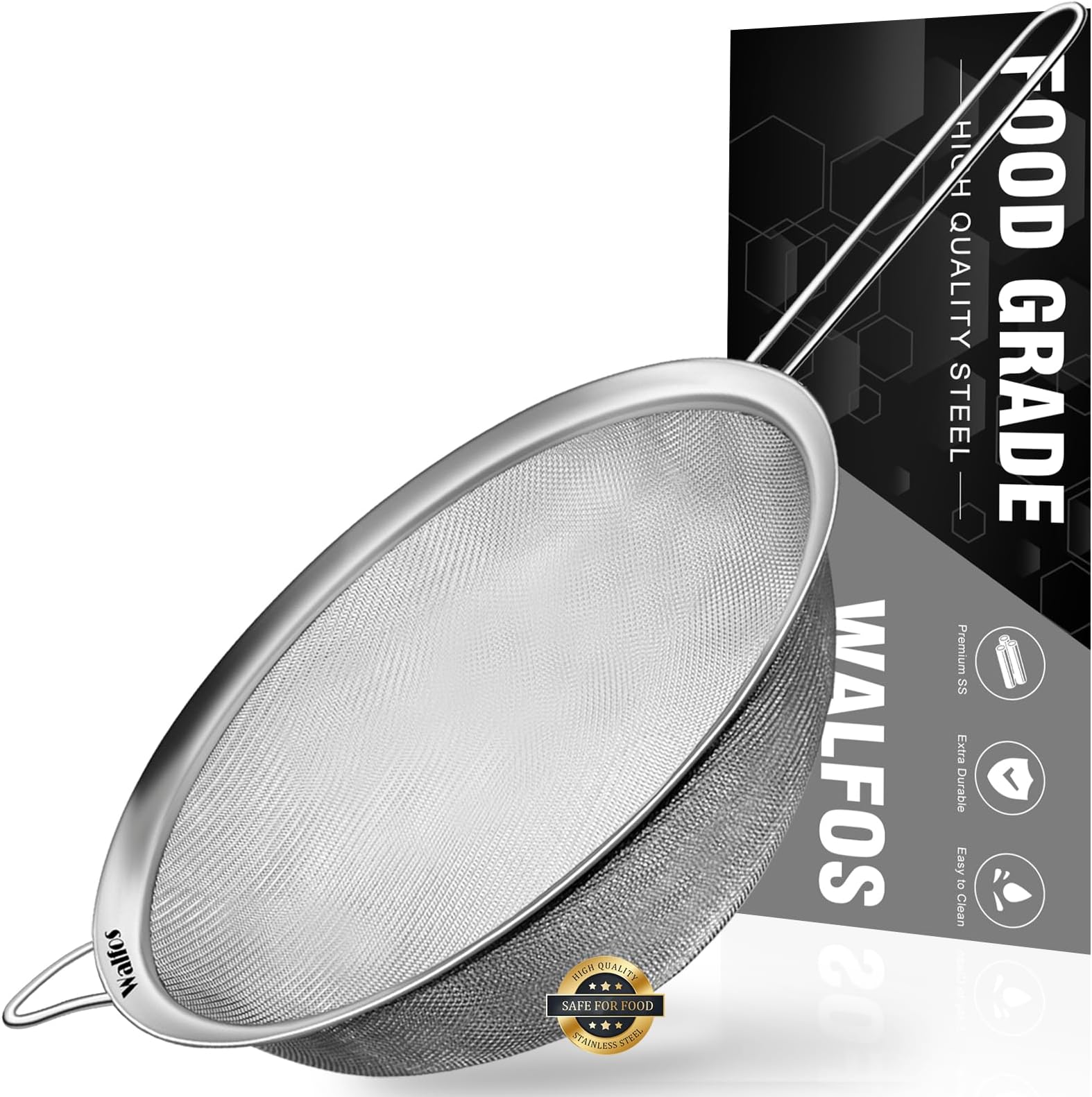 Walfos 8.6 Inch Large Fine Mesh Strainer, Kitchen Metal Food Strainers with Sturdy Handle, Stainless Steel 30 Mesh Sieve Sifters for Rice, Quinoa, Pasta, Fruits, Vegetables, etc.