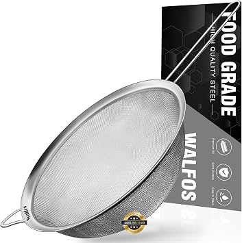 Walfos 8.6 Inch Large Fine Mesh Strainer, Kitchen Metal Food Strainers with Sturdy Handle, Stainless Steel 30 Mesh Sieve Sifters for Rice, Quinoa, Pasta, Fruits, Vegetables, etc.