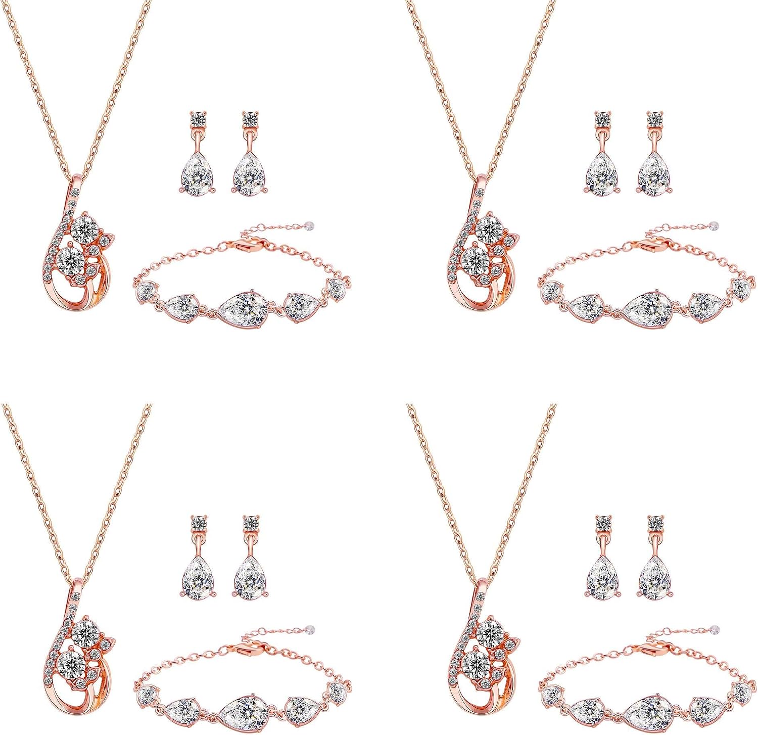 Dainty Bridesmaid Flower Teardrop Jewelry Set for Women 1-4-6-8 Sets 14k Gold & Rose Gold Plated Pave Rhinestone With Crystal Necklace Earrings Bracelet Set for Wedding Engagement Anniversary