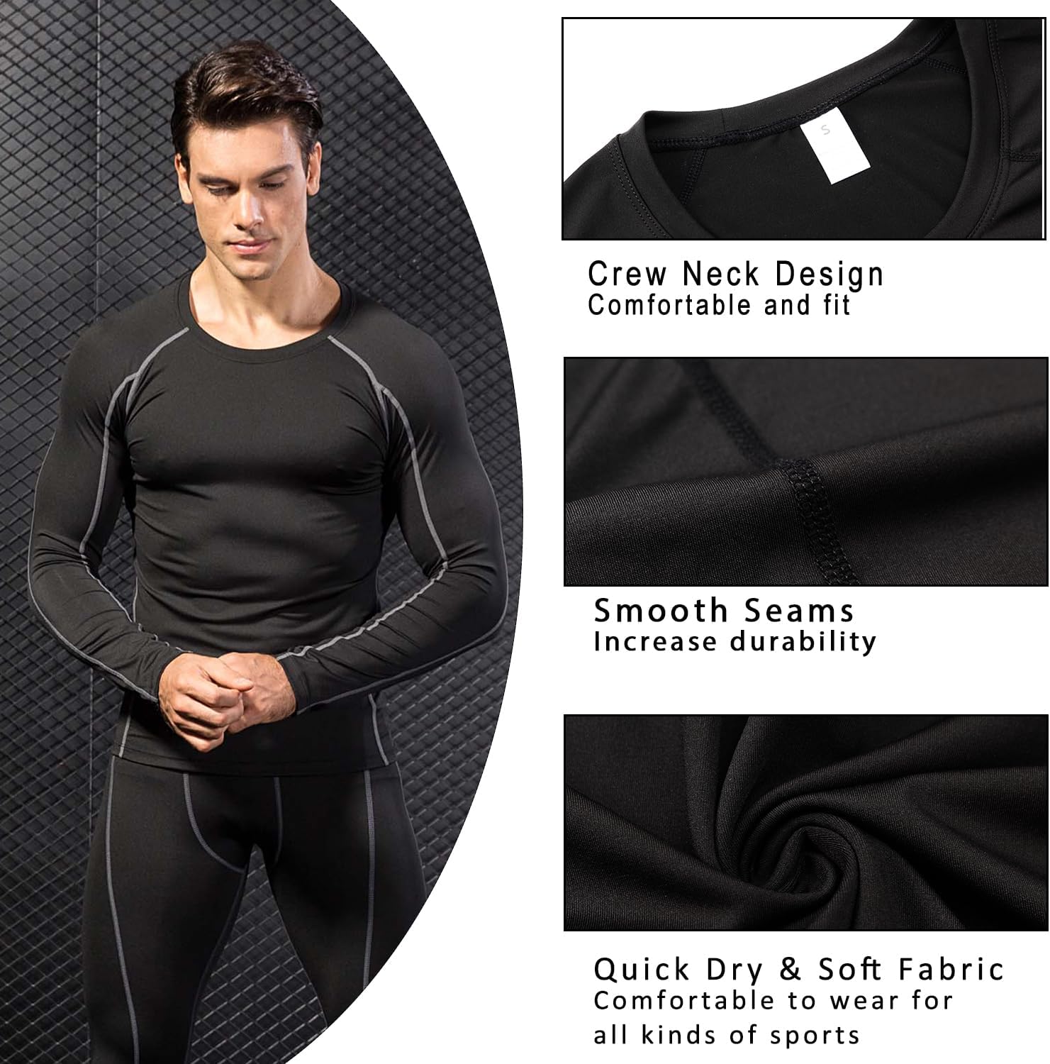 Compression Shirts for Men Long Sleeve Crew Neck Quick Dry Workout Running Athletic Base Layer Mens Compression Tops
