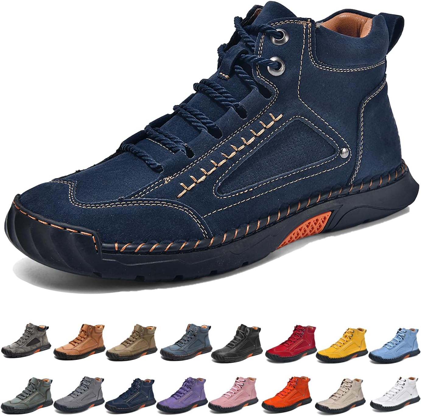 Men's Casual Ankle Boots Hand-Stitched Mid-Top Lace-Up Leather-Look Walking Shoes with Non-Slip Rubber Sole